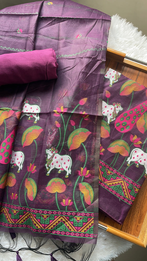Weavora Wine Soft Cotton Pichwai Jamdani Unstitched Suit Set