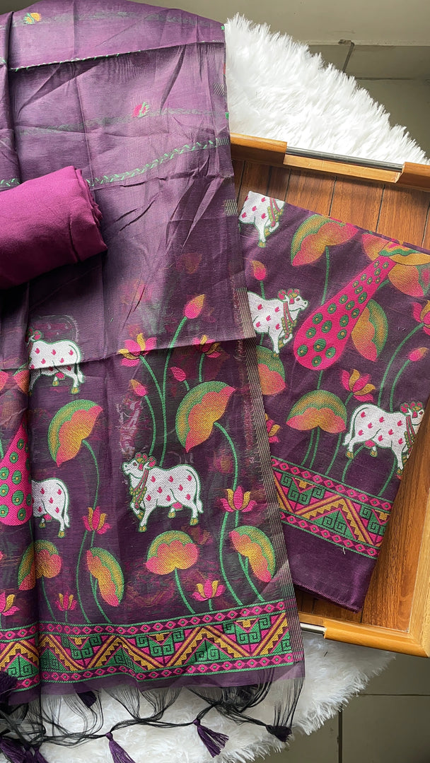 Weavora Wine Soft Cotton Pichwai Jamdani Unstitched Suit Set