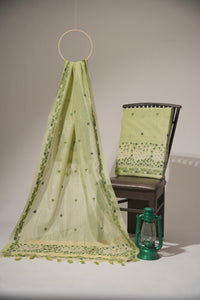Blossom Muse Pista Green Shimmer Jamdani Pichwai Unstitched Suit Set