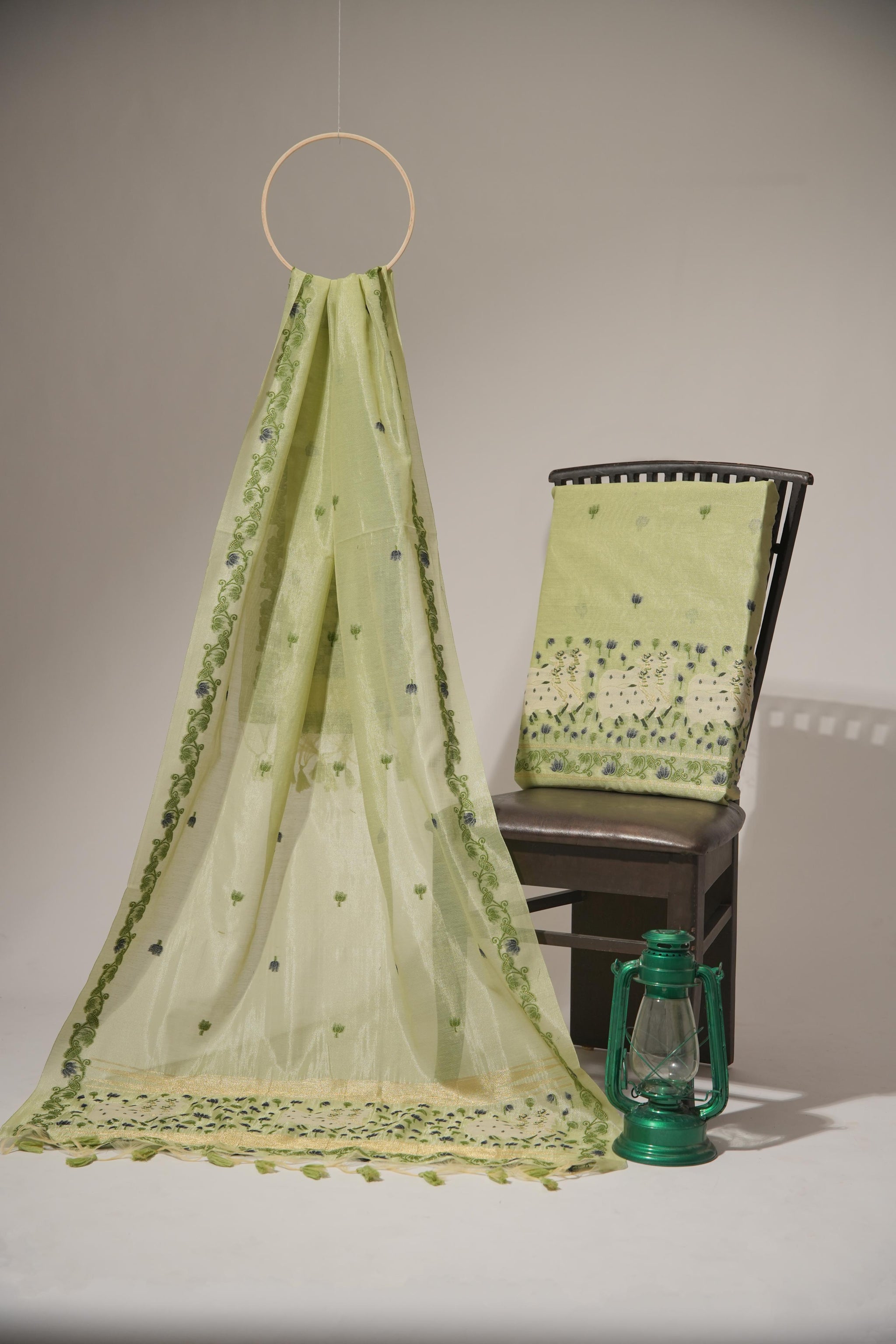 Blossom Muse Pista Green Shimmer Jamdani Pichwai Unstitched Suit Set
