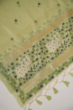 Load image into Gallery viewer, Blossom Muse Pista Green Shimmer Jamdani Pichwai Unstitched Suit Set
