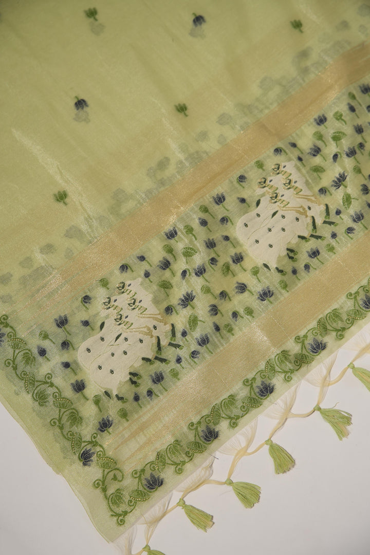 Blossom Muse Pista Green Shimmer Jamdani Pichwai Unstitched Suit Set