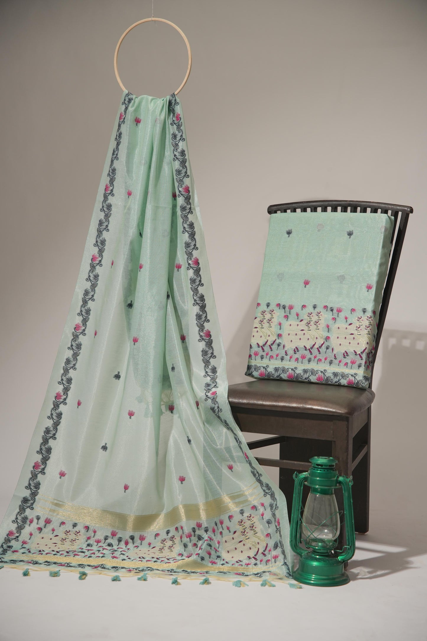 Blossom Muse Sea Green Shimmer Jamdani Pichwai Unstitched Suit Set