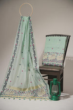 Load image into Gallery viewer, Blossom Muse Sea Green Shimmer Jamdani Pichwai Unstitched Suit Set
