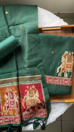 Load image into Gallery viewer, Tradzio Green Animal Weaving Print Muga Cotton Unstitched Suit Set

