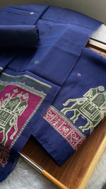 Load image into Gallery viewer, Tradzio Navy Animal Weaving Print Muga Cotton Unstitched Suit Set
