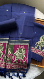 Load image into Gallery viewer, Tradzio Navy Animal Weaving Print Muga Cotton Unstitched Suit Set
