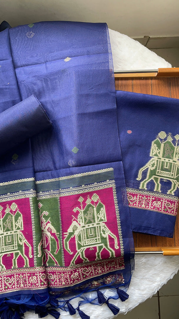 Tradzio Navy Animal Weaving Print Muga Cotton Unstitched Suit Set
