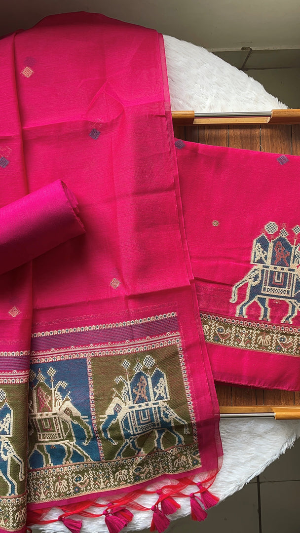 Tradzio Pink Animal Weaving Print Muga Cotton Unstitched Suit Set