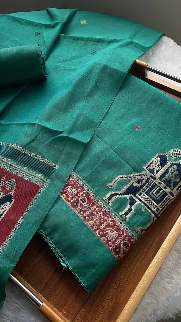 Tradzio Teal Animal Weaving Print Muga Cotton Unstitched Suit Set