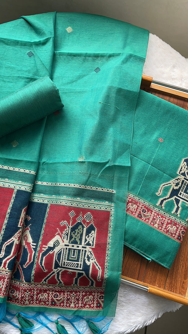 Tradzio Teal Animal Weaving Print Muga Cotton Unstitched Suit Set