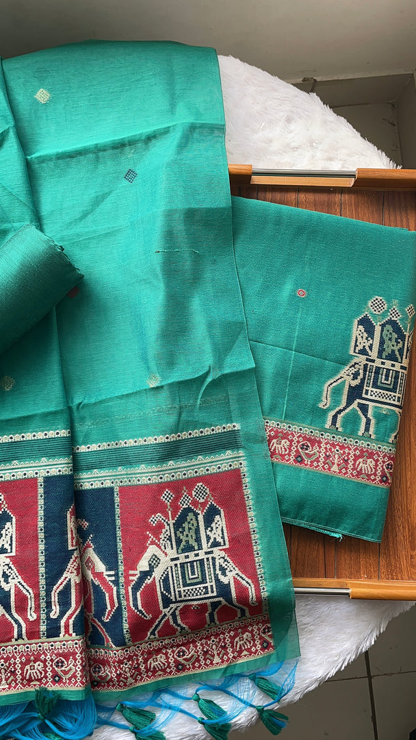 Tradzio Teal Animal Weaving Print Muga Cotton Unstitched Suit Set