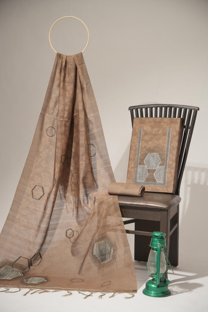 Elite Weave Brown Tussar Silk Unstitched Suit Set