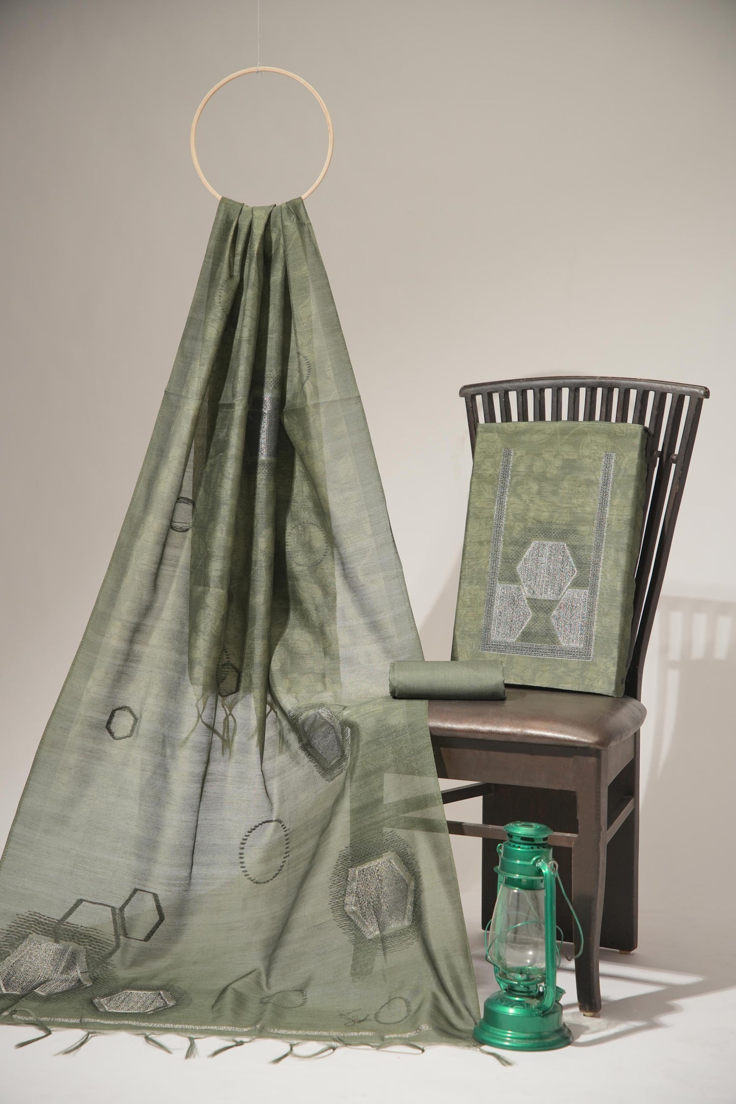 Elite Green Tussar Silk Unstitched Suit Set