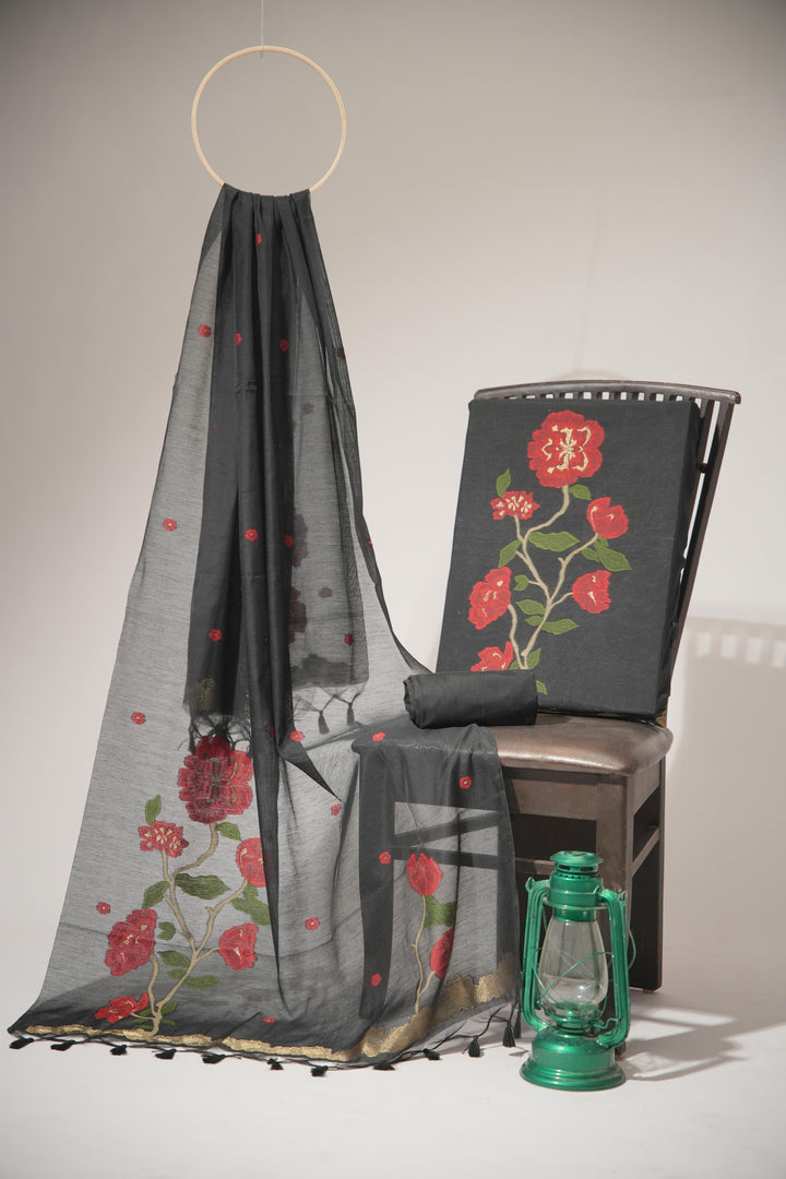 Elite Weave Black Muga Cotton Unstitched Suit Set