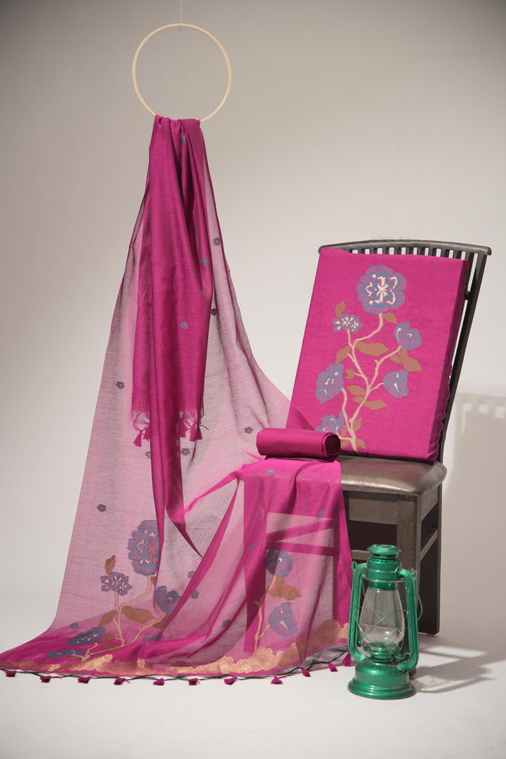 Elite Weave Rani Pink Muga Cotton Unstitched Suit Set
