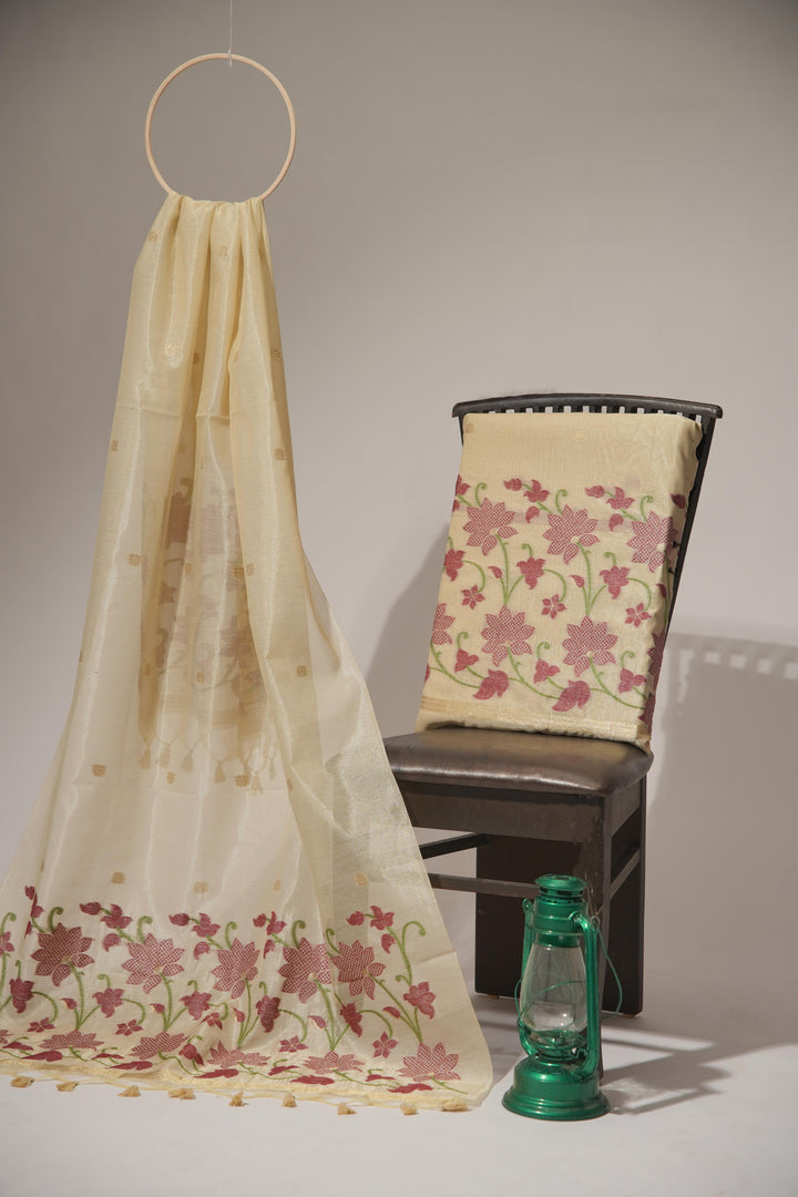 Pastel Petals Beige Shimmer Jamdani Unstitched Suit Set