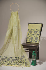 Load image into Gallery viewer, Pastel Petals Pista Green Shimmer Jamdani Unstitched Suit Set
