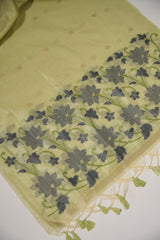 Pastel Petals Pista Green Shimmer Jamdani Unstitched Suit Set