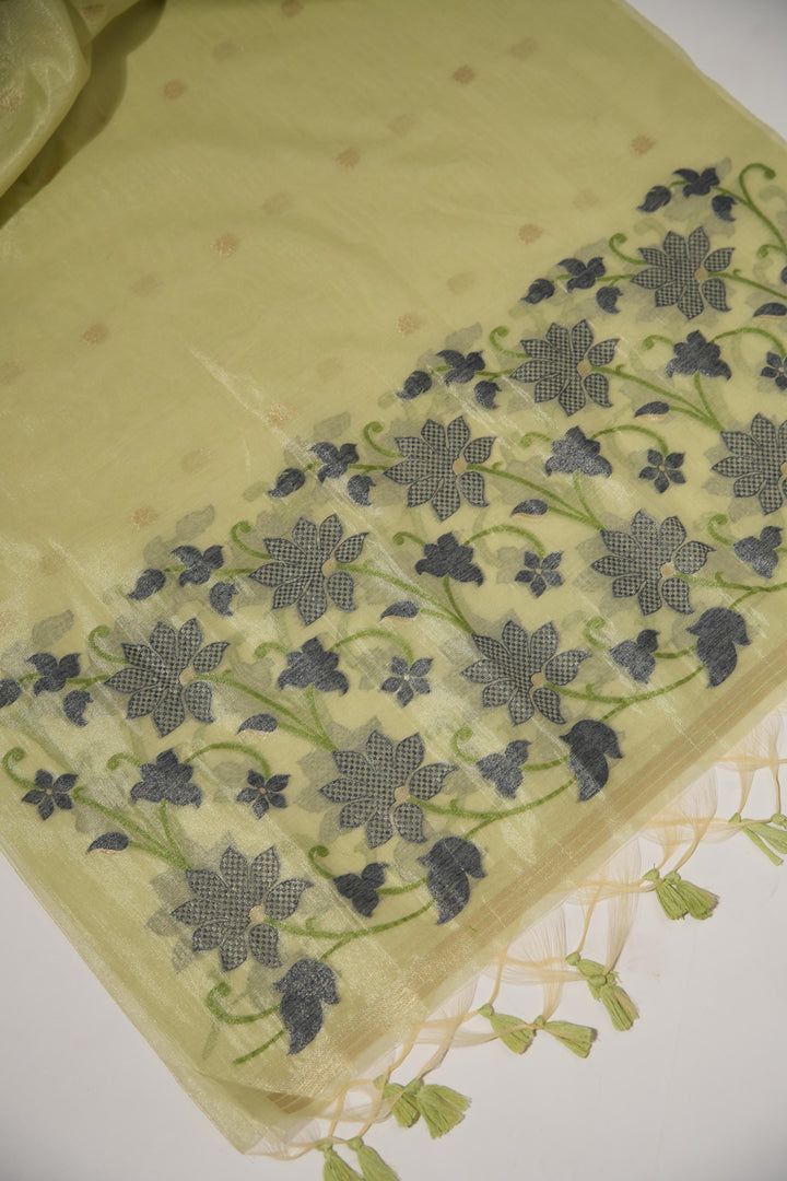 Pastel Petals Pista Green Shimmer Jamdani Unstitched Suit Set