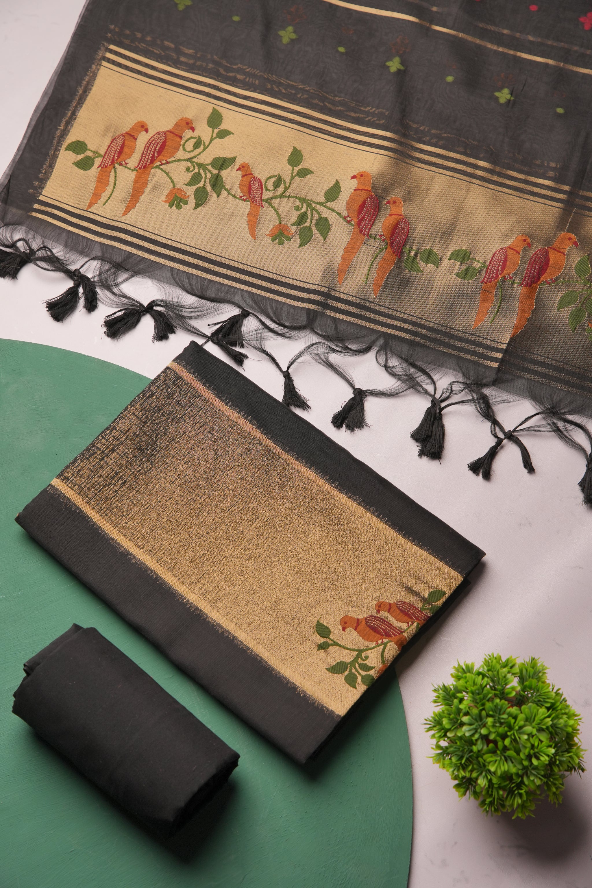 Frost Finch Black Paithani Muga Cotton Unstitched Suit Set