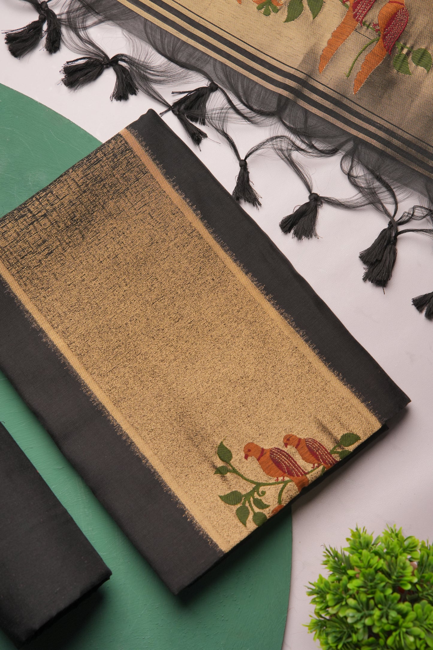 Frost Finch Black Paithani Muga Cotton Unstitched Suit Set