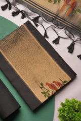 Frost Finch Black Paithani Muga Cotton Unstitched Suit Set