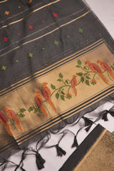 Frost Finch Black Paithani Muga Cotton Unstitched Suit Set