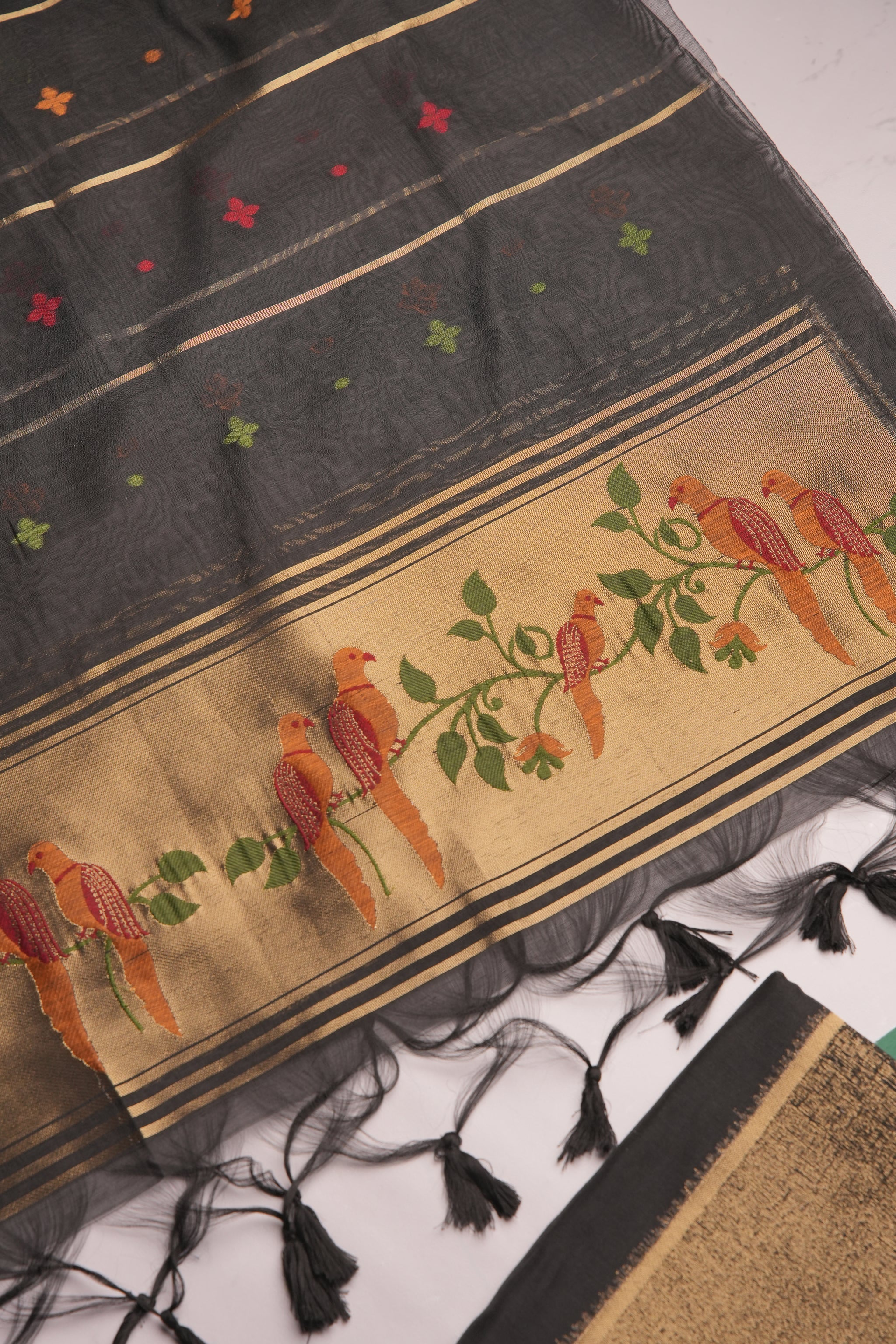 Frost Finch Black Paithani Muga Cotton Unstitched Suit Set
