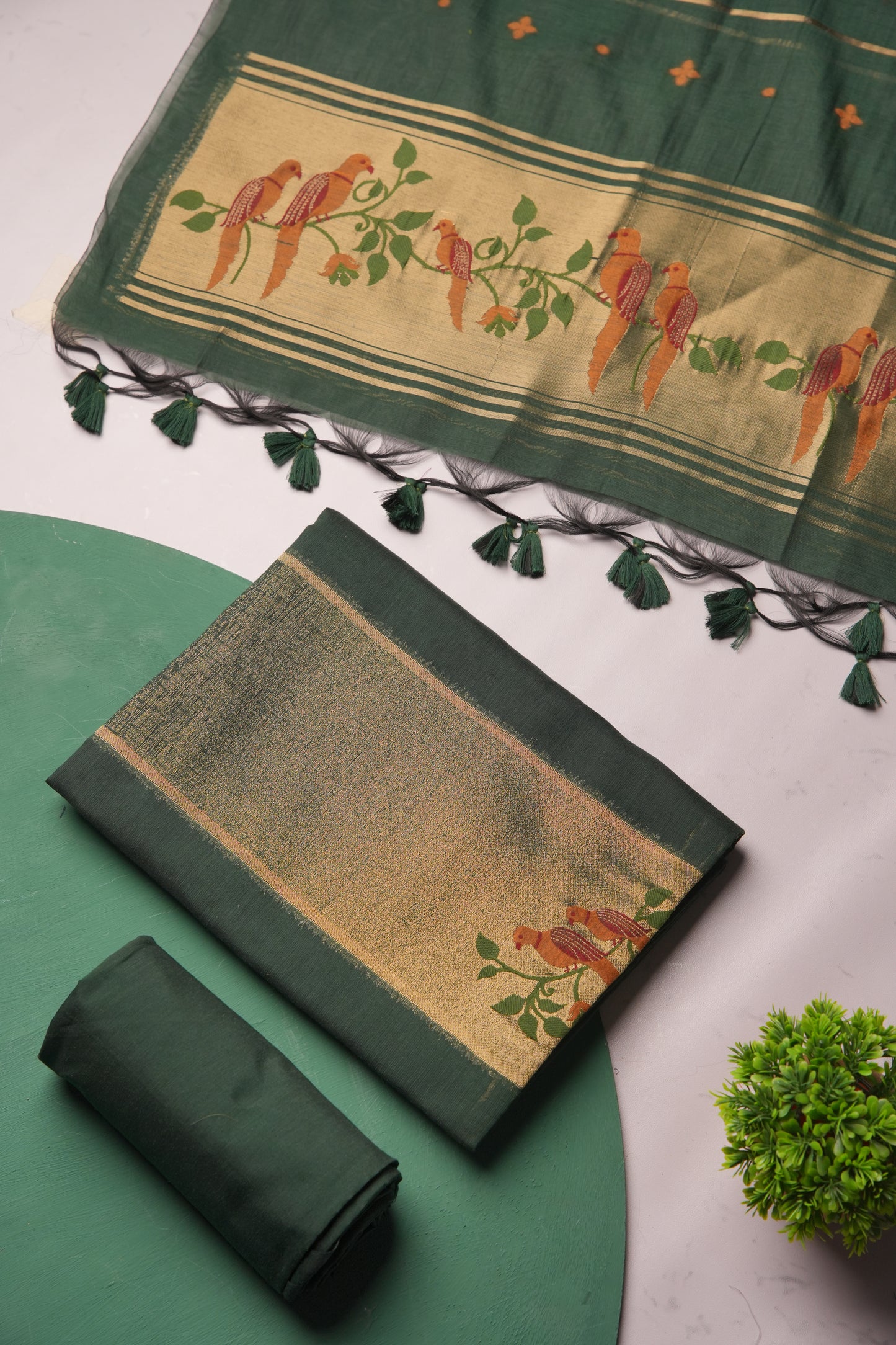 Frost Finch Dark Green Paithani Muga Cotton Unstitched Suit Set