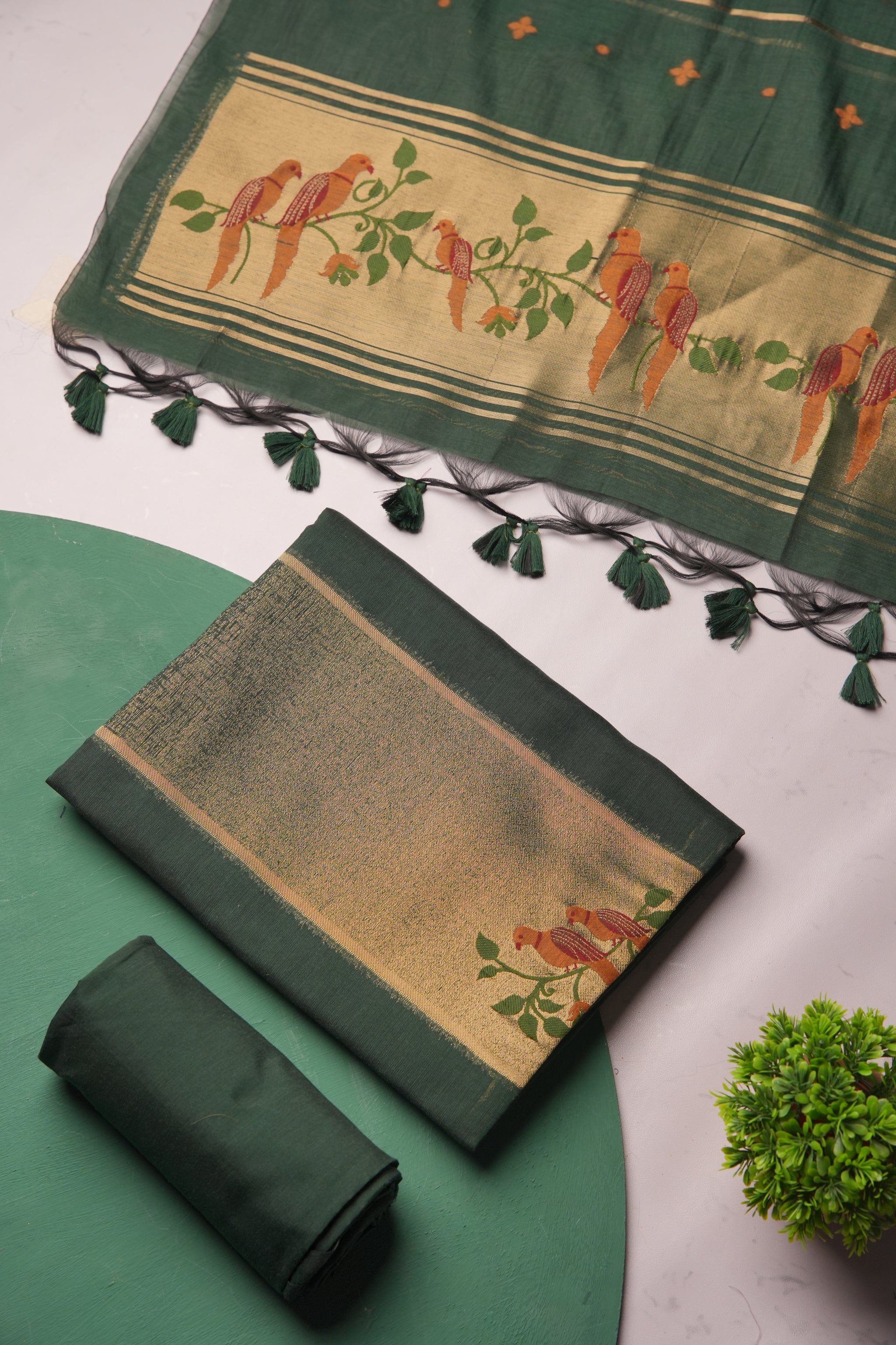 Frost Finch Dark Green Paithani Muga Cotton Unstitched Suit Set