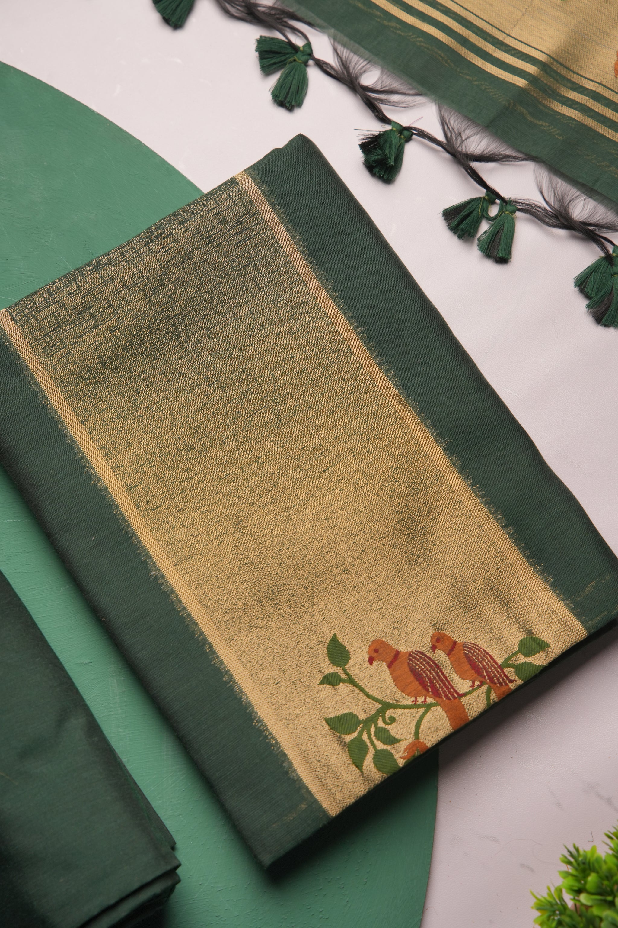 Frost Finch Dark Green Paithani Muga Cotton Unstitched Suit Set