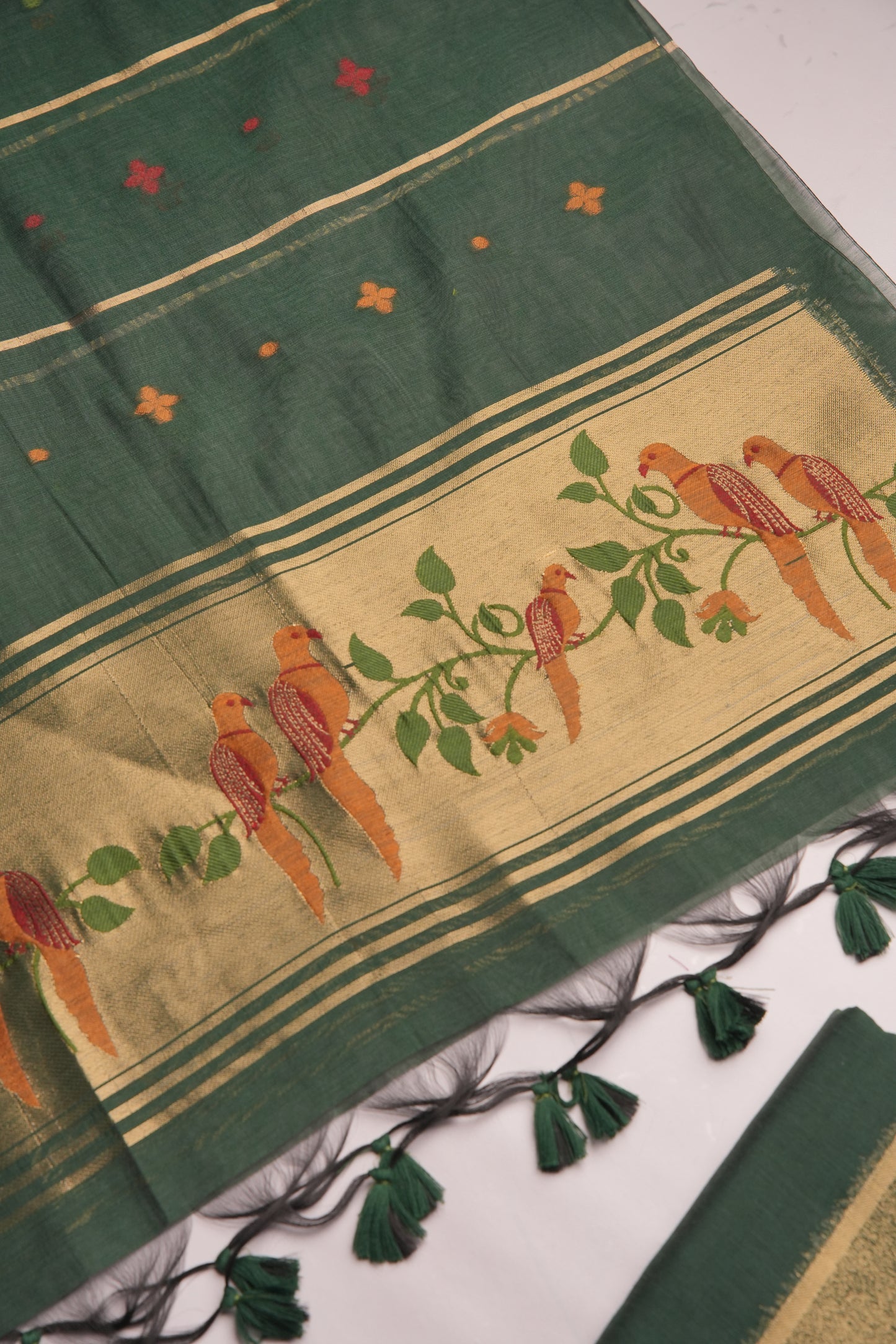 Frost Finch Dark Green Paithani Muga Cotton Unstitched Suit Set