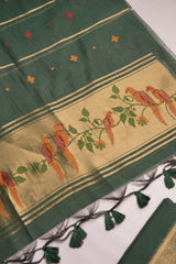 Frost Finch Dark Green Paithani Muga Cotton Unstitched Suit Set