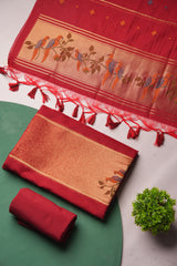 Frost Finch Red Paithani Muga Cotton Unstitched Suit Set