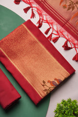 Frost Finch Red Paithani Muga Cotton Unstitched Suit Set