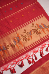 Frost Finch Red Paithani Muga Cotton Unstitched Suit Set