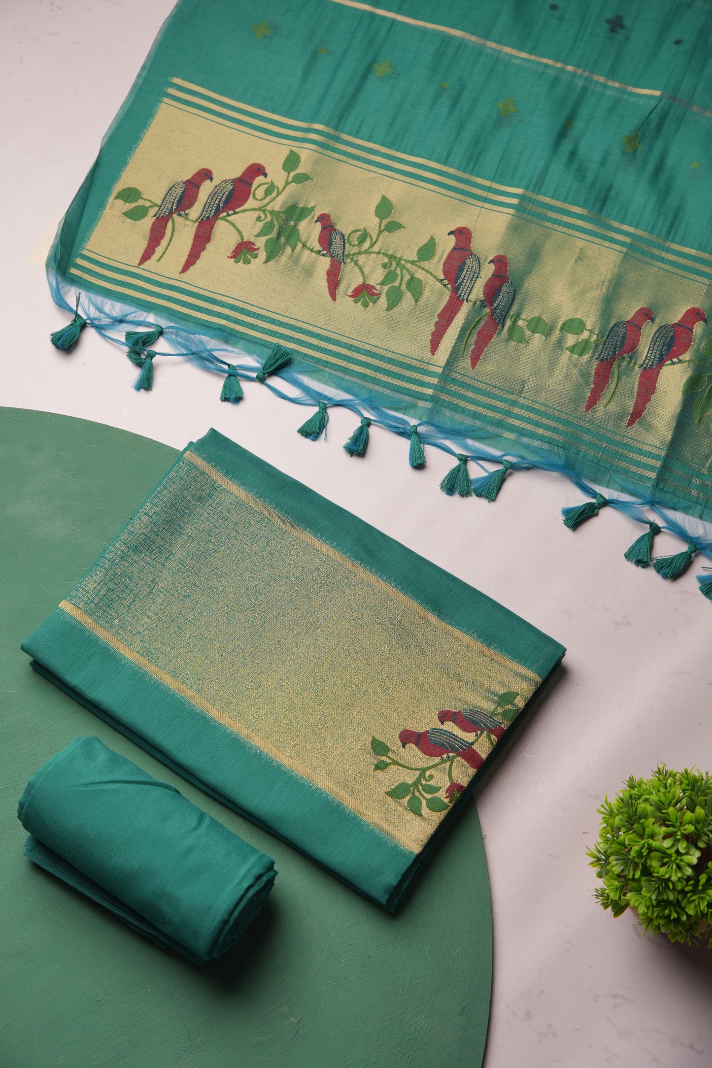 Frost Finch Teal Paithani Muga Cotton Unstitched Suit Set