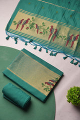 Frost Finch Teal Paithani Muga Cotton Unstitched Suit Set