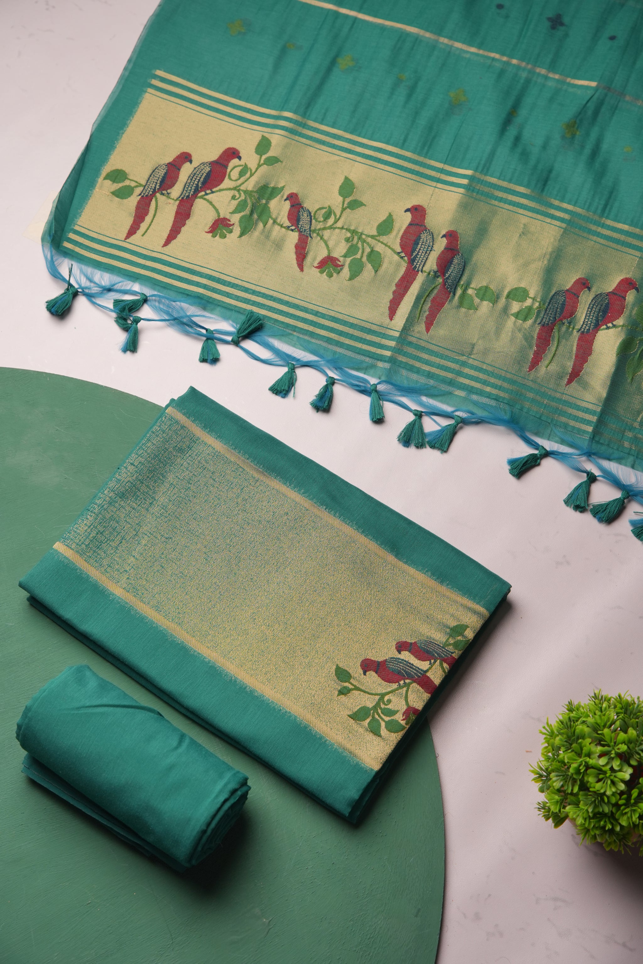 Frost Finch Teal Paithani Muga Cotton Unstitched Suit Set
