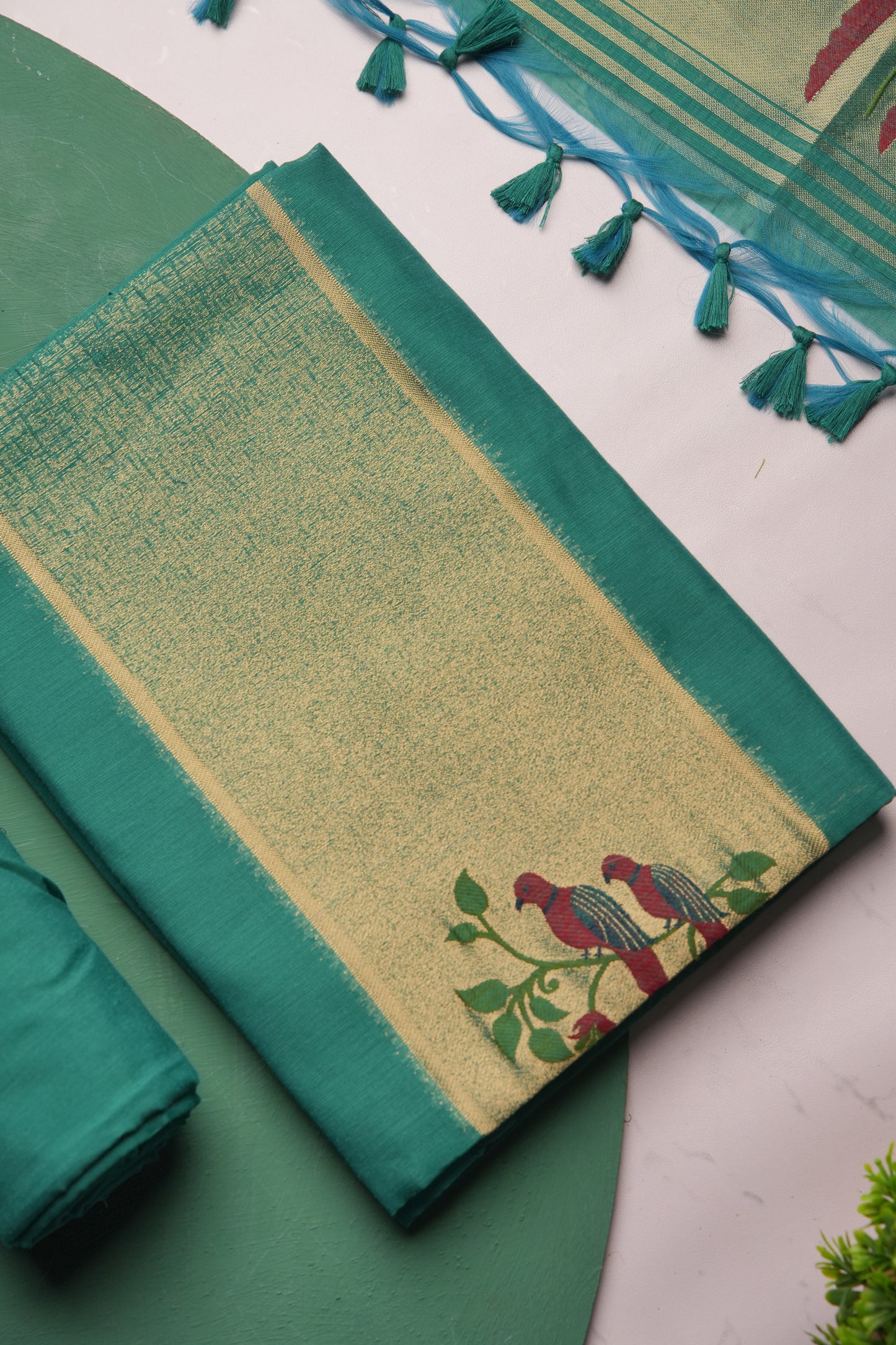 Frost Finch Teal Paithani Muga Cotton Unstitched Suit Set