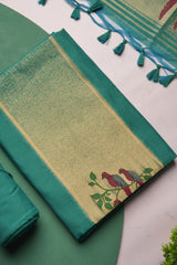 Frost Finch Teal Paithani Muga Cotton Unstitched Suit Set