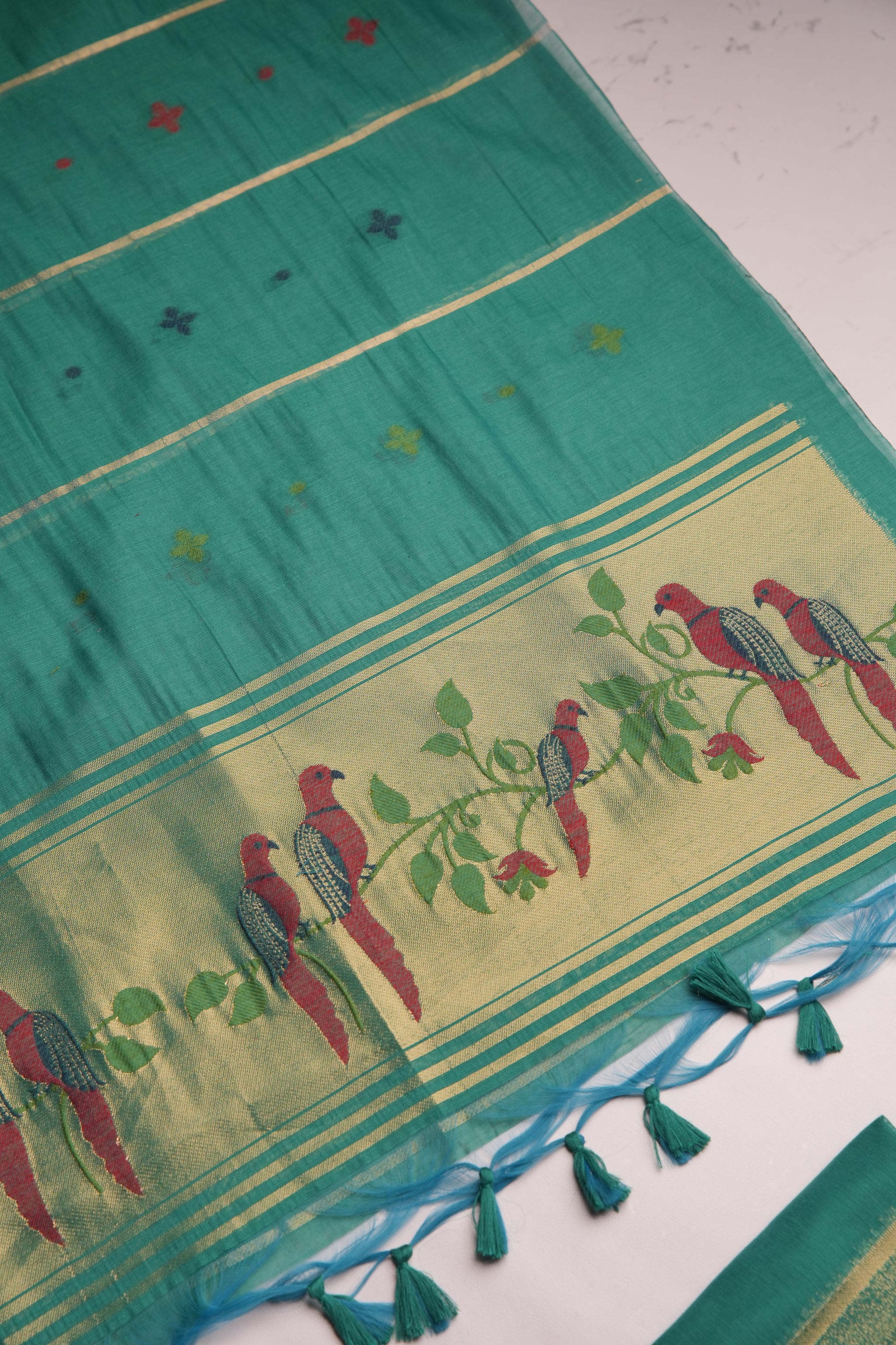 Frost Finch Teal Paithani Muga Cotton Unstitched Suit Set