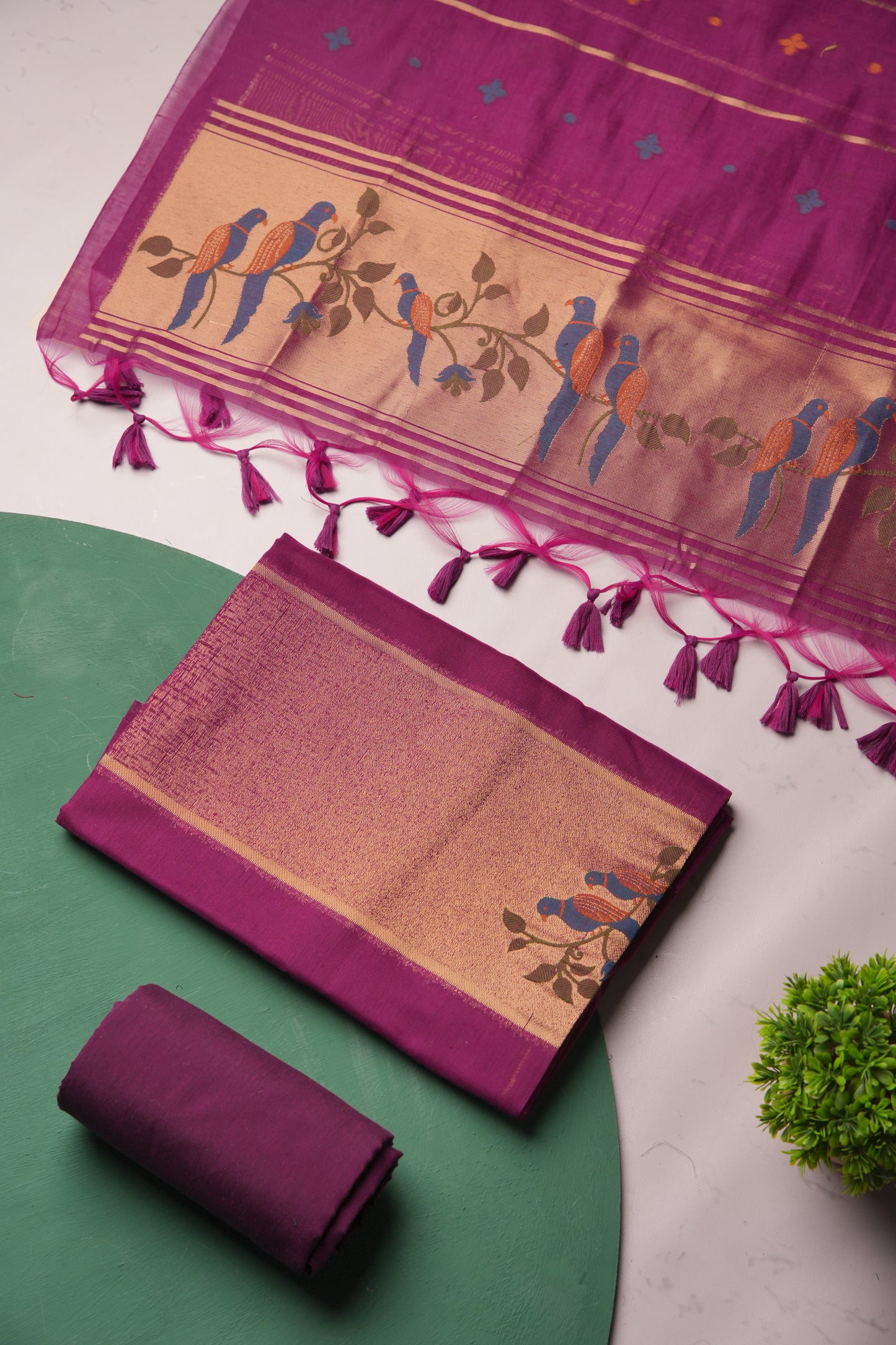 Frost Finch Wine Paithani Muga Cotton Unstitched Suit Set