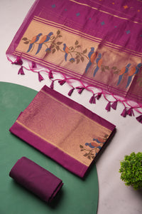 Frost Finch Wine Paithani Muga Cotton Unstitched Suit Set