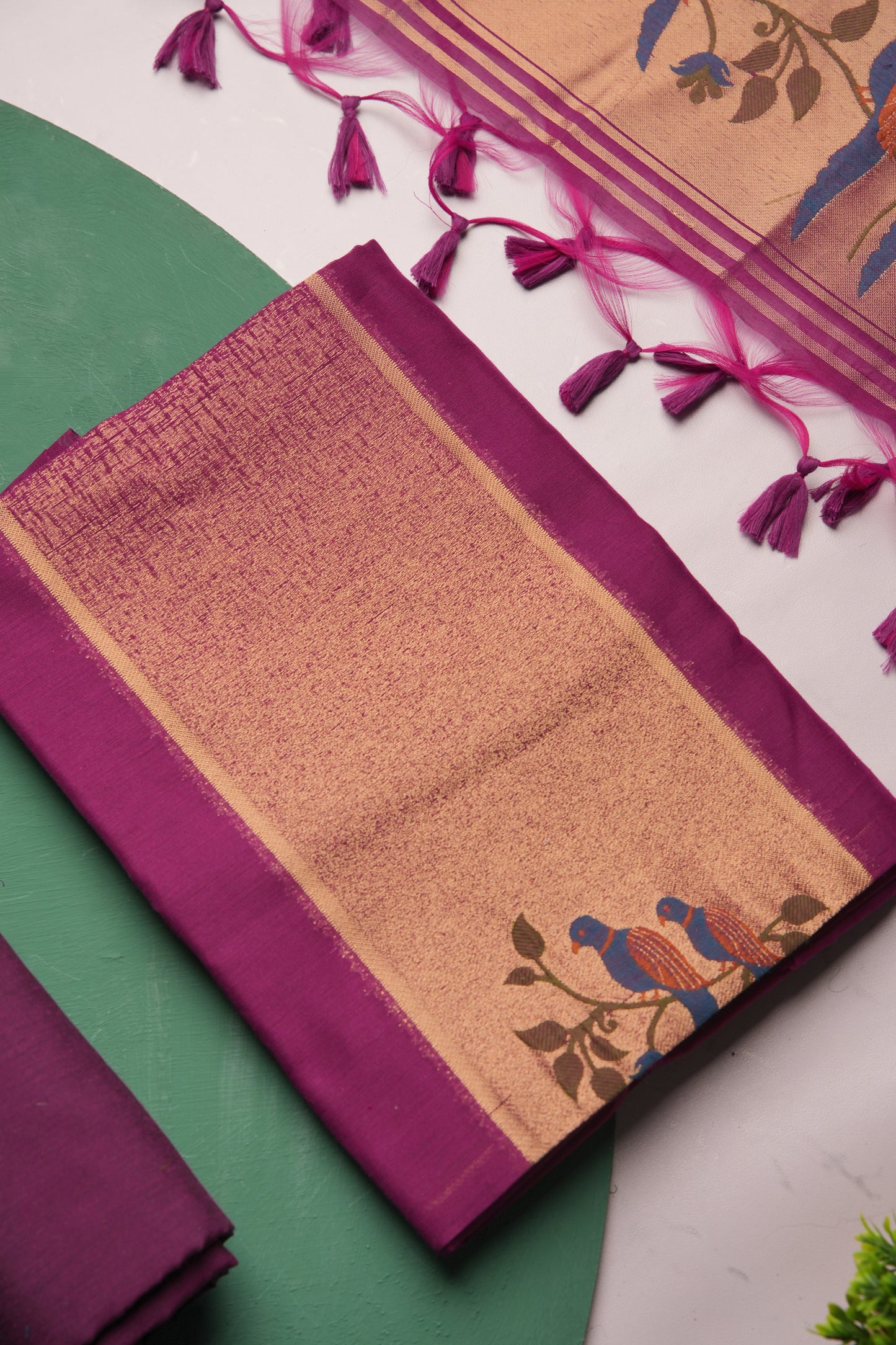 Frost Finch Wine Paithani Muga Cotton Unstitched Suit Set