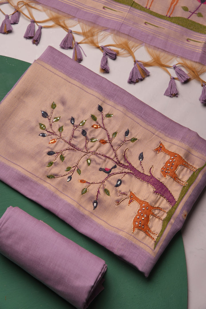 Atelier Lavender Muga Cotton Pichwai Handwork Unstitched Suit Set