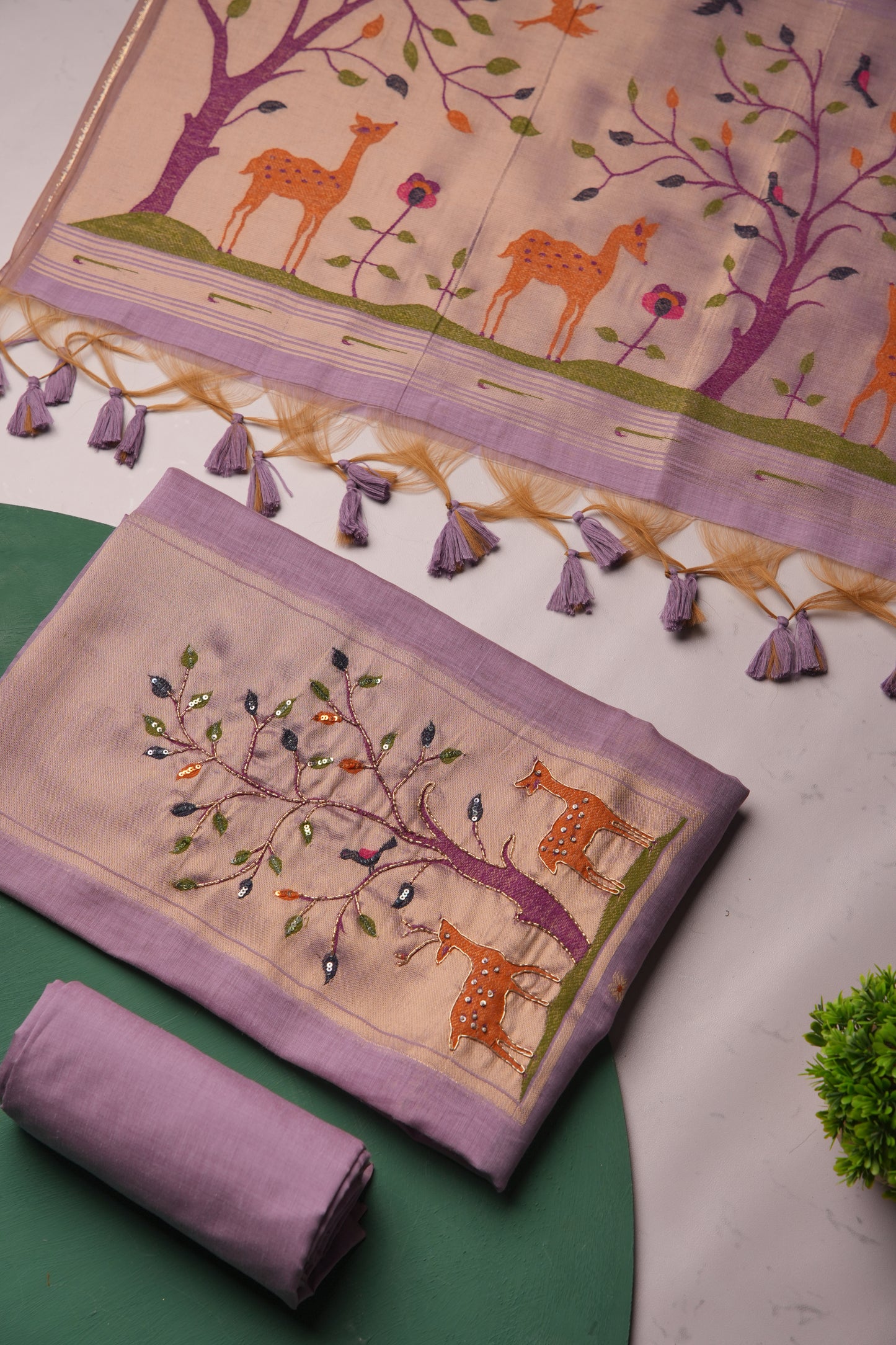 Atelier Lavender Muga Cotton Pichwai Handwork Unstitched Suit Set