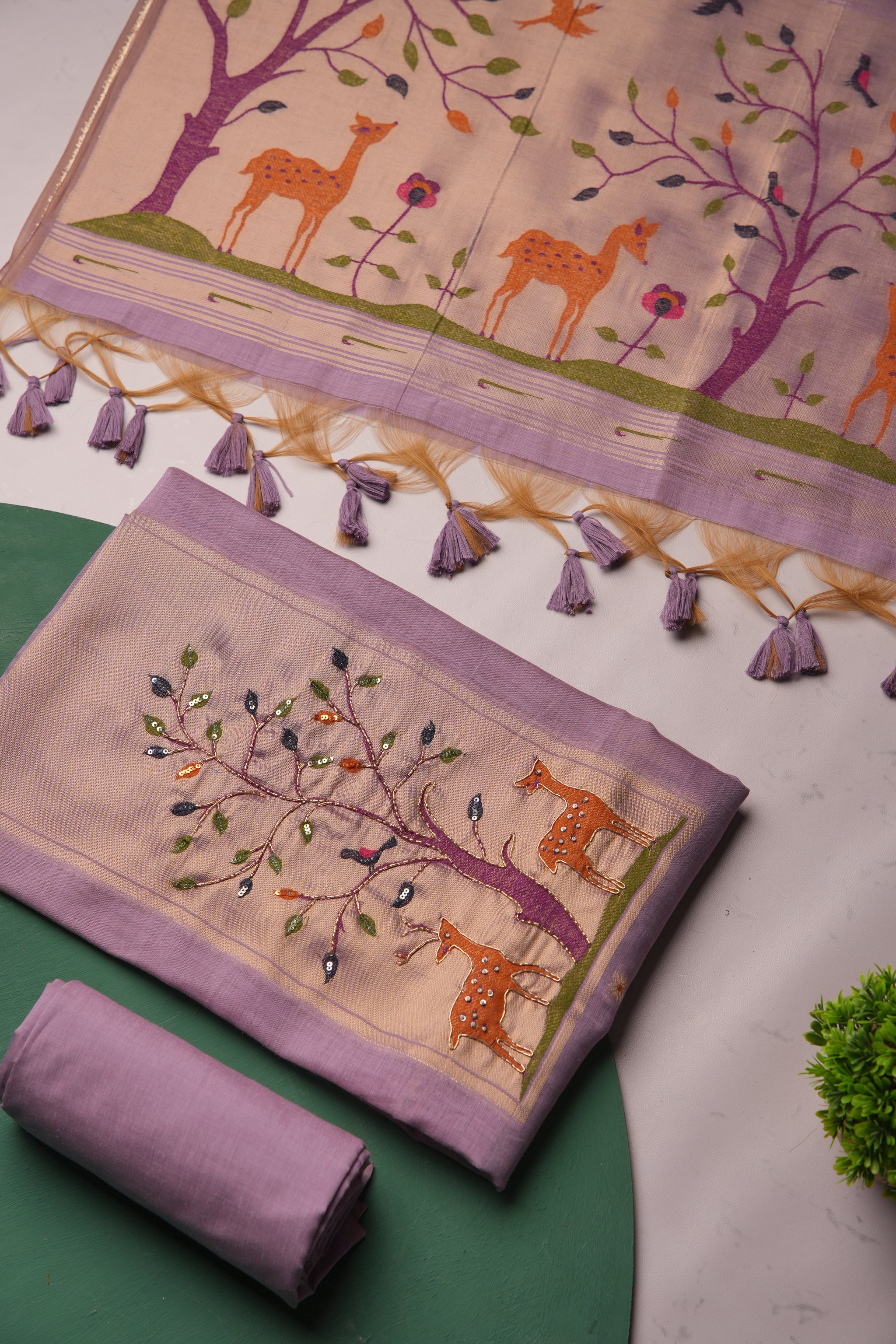 Atelier Lavender Muga Cotton Pichwai Handwork Unstitched Suit Set