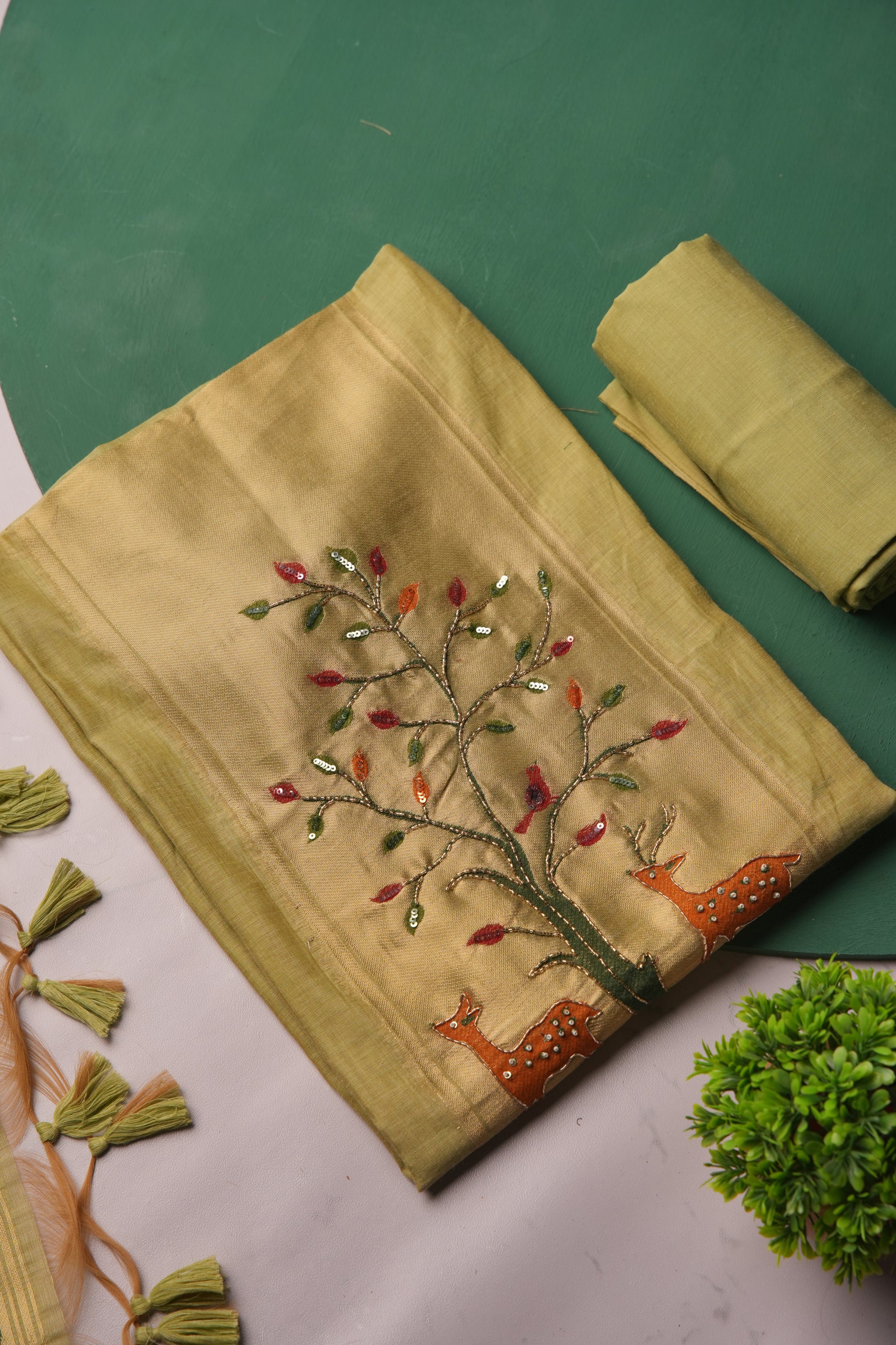Atelier Green Muga Cotton Pichwai Handwork Unstitched Suit Set